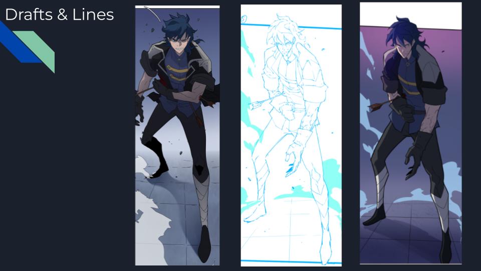 Color rough, clean line, and final color of a walking pose