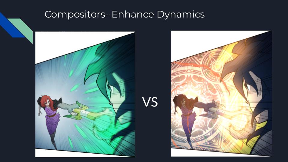 Two compositing treatments of the sword duel panel judged against art direction metrics