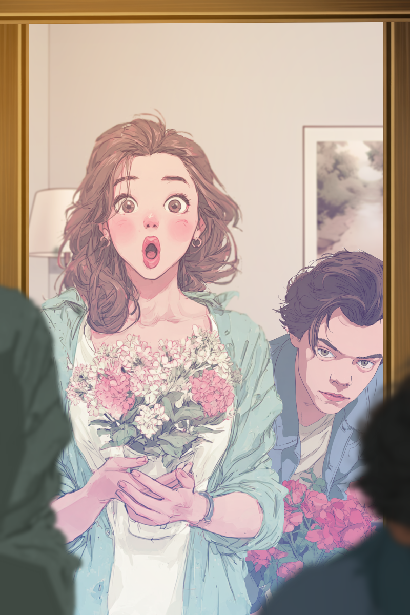 Romance storypack cover — doorway reveal with soft pastel key light