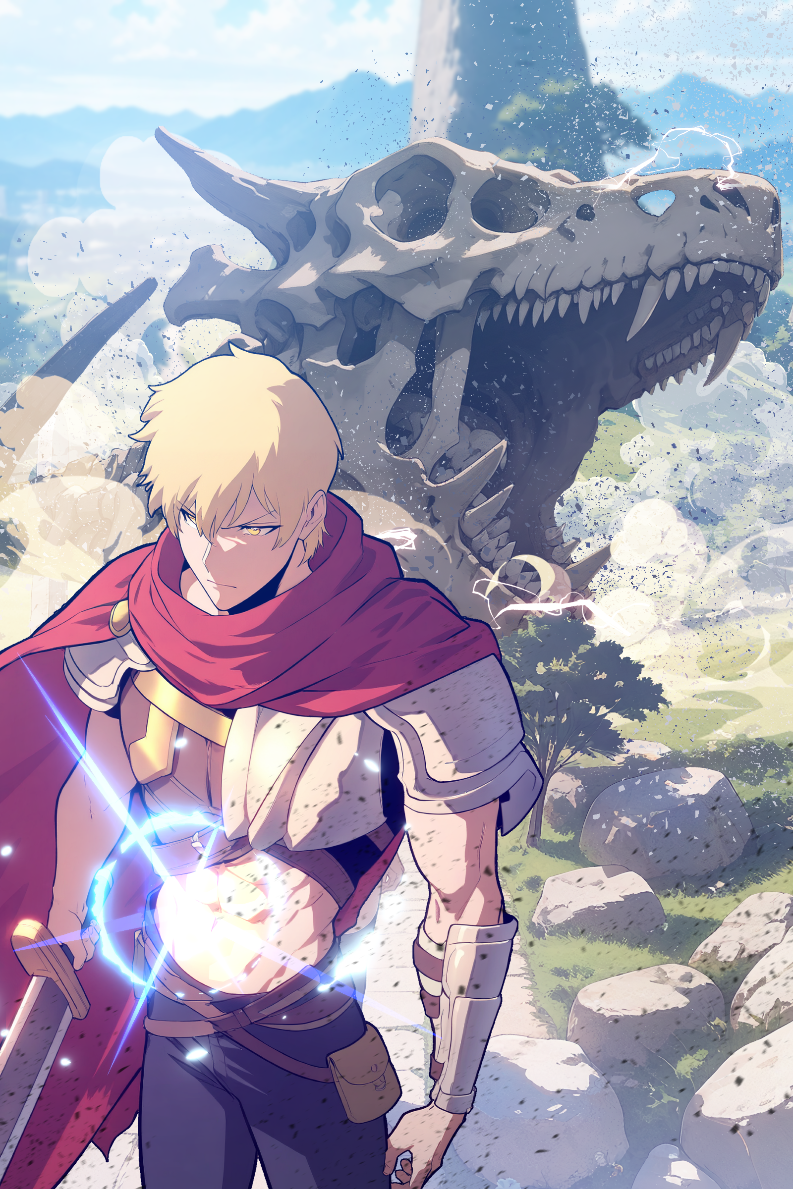 Hero and monument staged in depth — foreground figure, mid-ground threat