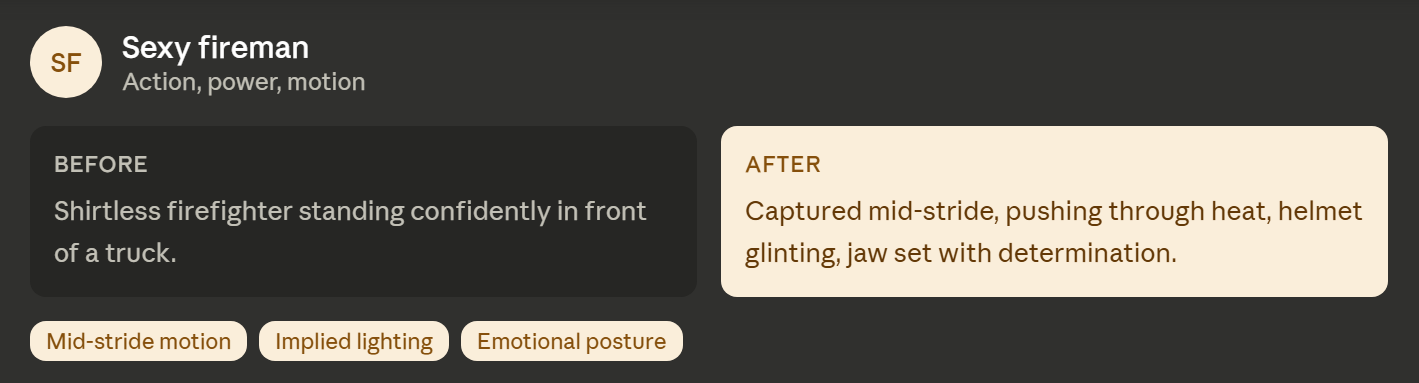 Sexy fireman before/after prompt translation