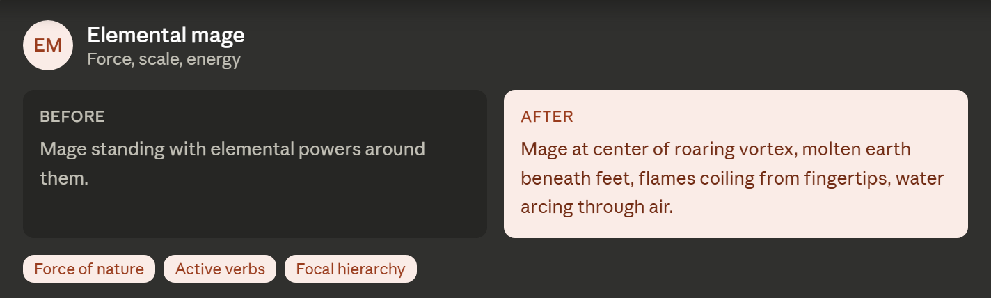Elemental mage before/after prompt translation