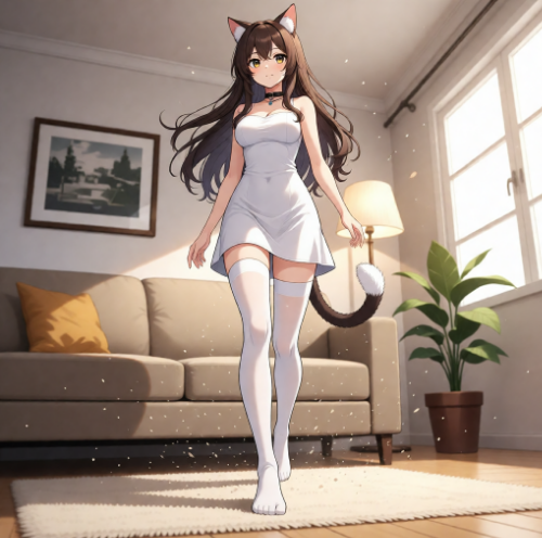 Full-body character staged in a sunlit interior with clear depth and props