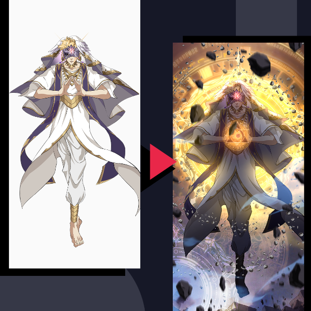 Drawn character art on the left composited with a generated background and Clip Studio FX on the right