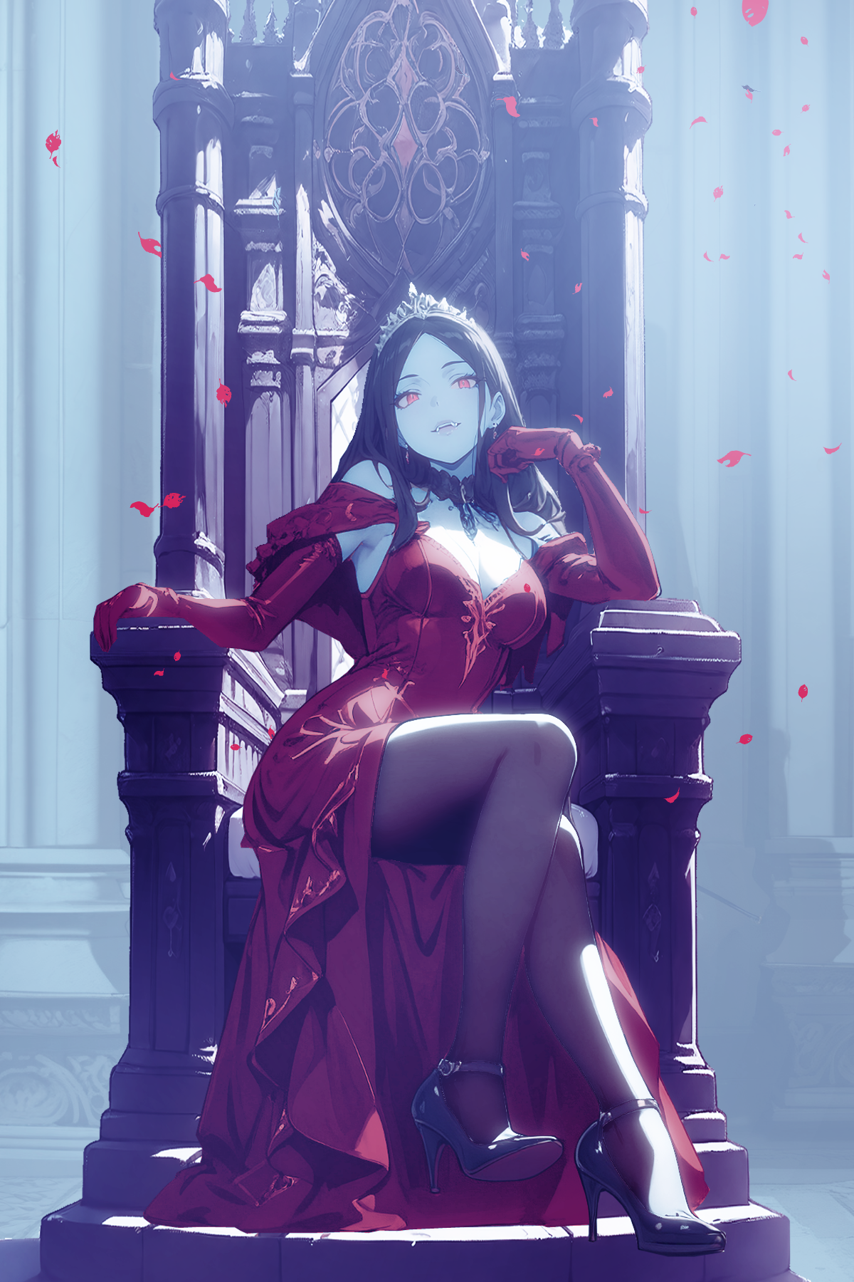 Vampire — throne portrait in cool light with falling petals