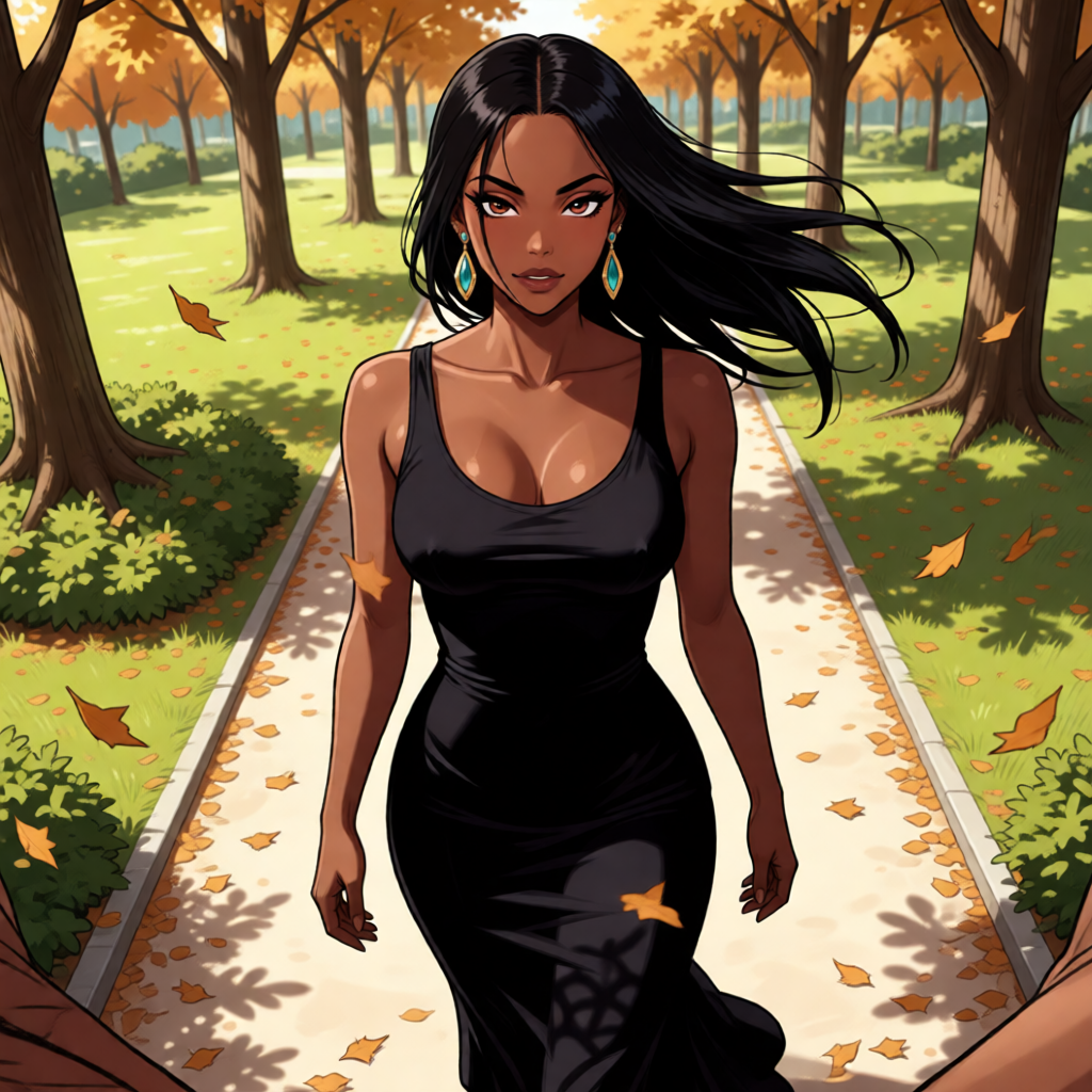 Generated scene — autumn park in a black dress
